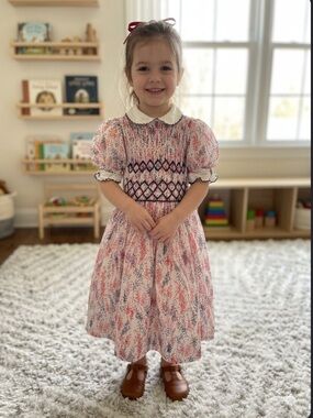5-6T Vtg Russella Girls Floral Smocked Dress with Peter Pan Collar Pink & Navy